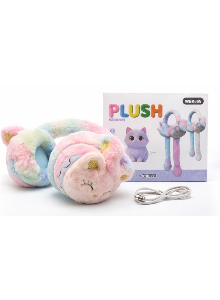 Plush WBK868 Plush Cat Ear Wireless Headphones for Kids – Bluetooth 5.3, Soft Fluffy Over-Ear, Built-in Mic, 40mm Drivers, Rechargeable Battery – Pink/Blue Pastel - Image 1